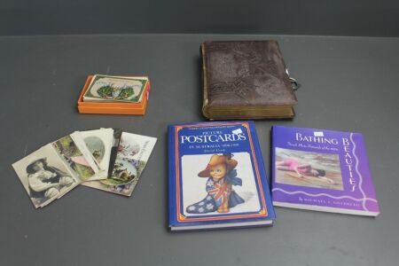 Asstd Lot of Approx 95 Antique Postcards, Antique Embossed Album + 2 Books on Collecting Postcards