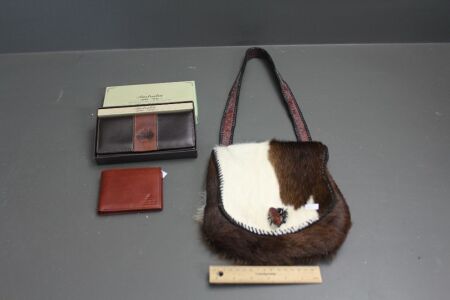 2 x As New Leather Wallets - 1 in Box + As New Cow Hide Bag