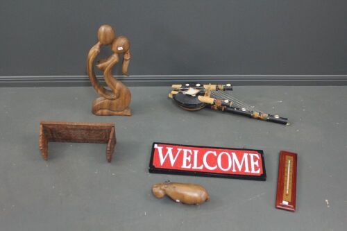 Large Asstd Lot inc Carved Timber Statues, Ghanaian Stringed Instrument, Sign, Thermometer, Book Rack