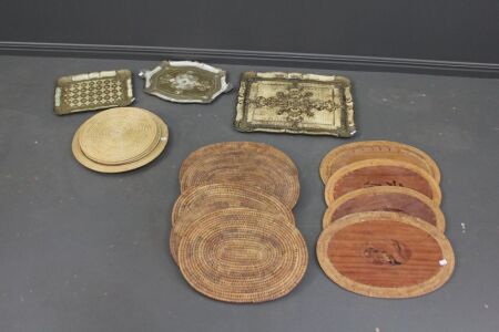 3 x Italian Pressed Timber Trays + Asstd Lot of Tableware inc. PNG Carved Placemats