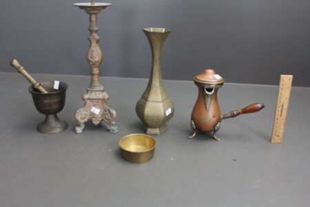 Asstd Lot of Brass and Copper Wares inc. Pestle & Mortar, Vases, Coffee Pot Etc