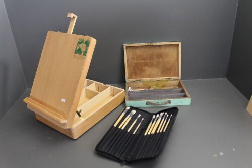 Asstd Lot of Artists Eqpt. Inc Brushes, Box Easel Etc