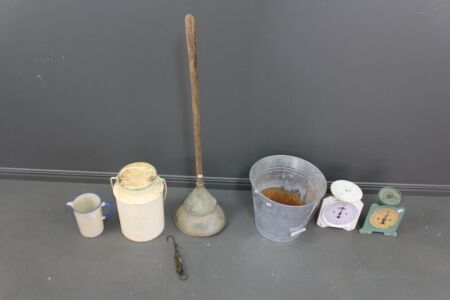 Interesting Kitchenalia Lot inc. Enamel Jug & Pail, Copper Dolly, 2 Desktop Scales, 1 Spring Scale