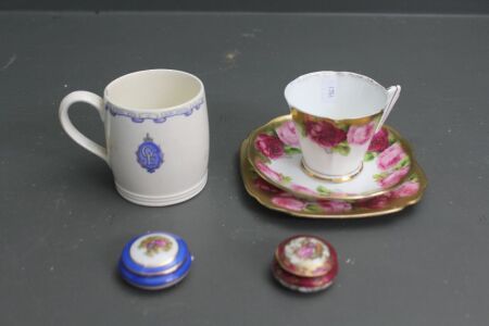 Asstd Lot of Ceramics inc. R.Albert Trio, Wedgwood Commemerative Mug & Limoge Pill Boxes