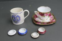 Asstd Lot of Ceramics inc. R.Albert Trio, Wedgwood Commemerative Mug & Limoge Pill Boxes - 2