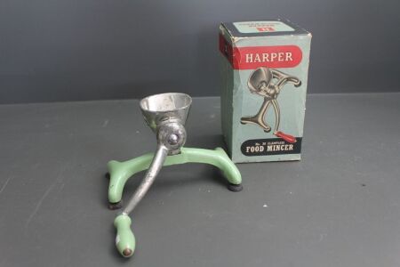 Vintage Harper Enamelled Table Top Mincer in Original Box