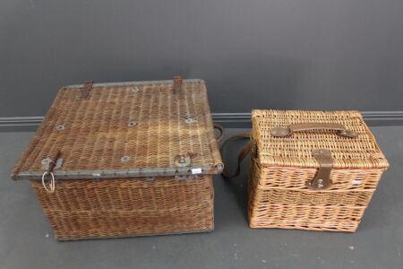 Large Vintage 2 Handled Basket / Creel + Another Smaller Modern Basket