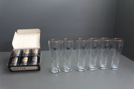 Set 6 Melbourne Cup Winners Beer Glasses c1980 + 6 Car Manufacturers Whisky Tumblers
