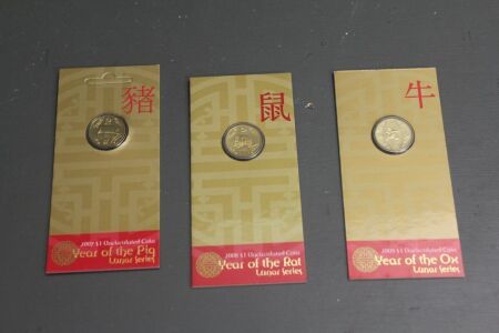 3 x Australian Mint Lunar Series $1 Uncirculated Coins 2007, 2008, 2009, Years of the Pig, Rat and Ox in Original Unopened Packs