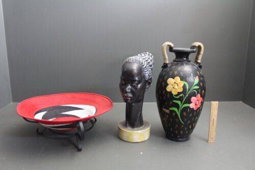 Asstd Lot inc. Black Lady Head, Folk Art Vase and Zulu Bowl on Stand