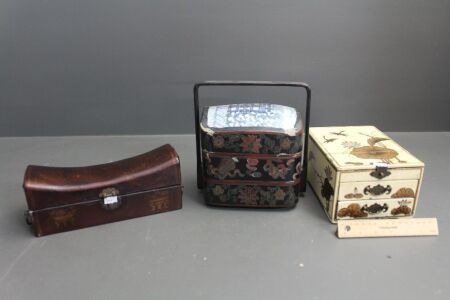 2 Contemporary Asian Jewellery Boxes, 1 Paper Coverd, 1 Leather + Vintage 3 Tier Laquer Box with Ceramic Top