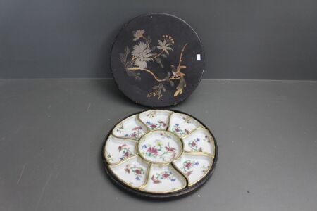 Vintage Japanese 9 Part Hand Painted and Gilded Hors D'Ouevre Dishes in Original Lacquered Papoer Mache Box