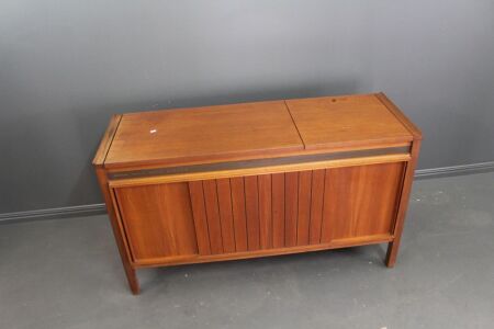 Mid Century Teak Stereo Cabinet with Sliding Front Doors, Garrard Turntable and Radio