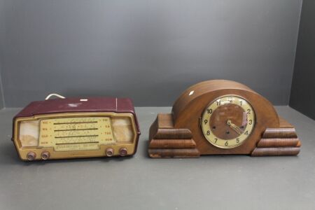 Vintage Maroon Kriesler Electric Radio + Art Deco Westminster Chiming Mantle Clock