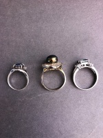 3 x Dress Rings - S/Silver & Opal Triplet, S/S & Glass, Plated Freshwater Pearl Ring - 3