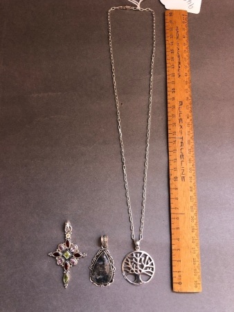 3 x Stone Set Sterling Silver Pendants + 1 Chain
