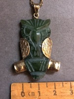 Jade Owl Pendant with Yellow Metal Mounts and Chain - 2