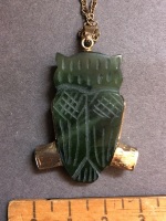 Jade Owl Pendant with Yellow Metal Mounts and Chain - 3