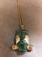 Jade Owl Pendant with Yellow Metal Mounts and Chain - 5