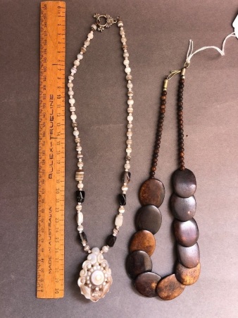 Hand Carved Agate Necklace + Polished Disc and Timber Bead Necklace