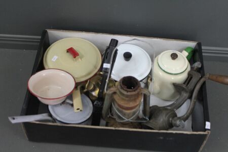 Asstd Lot of Kitchenalia inc. Enamelware, Mincer + Brass Blow Torch etc