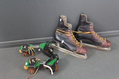 Pair of Vintage Leather Ice Skates + Pair Retro Roller Skates