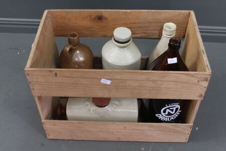 Asparagus Crate with 4 Vintage Stone Bottles + Darwin Stubby