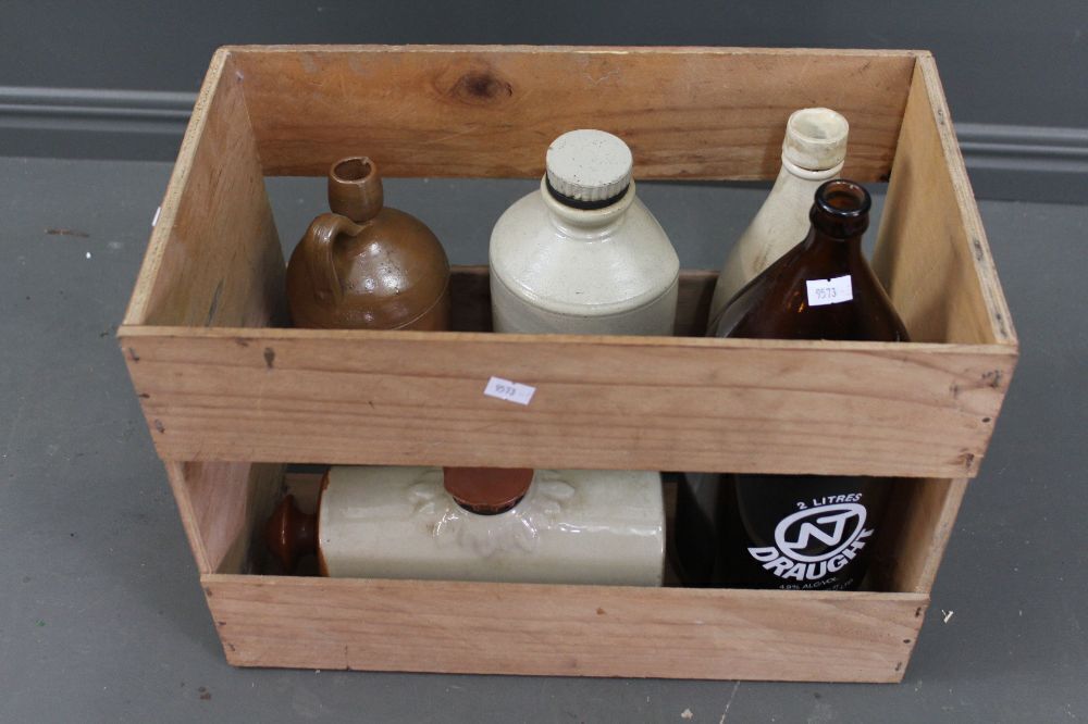 Asparagus Crate with 4 Vintage Stone Bottles Darwin Stubby