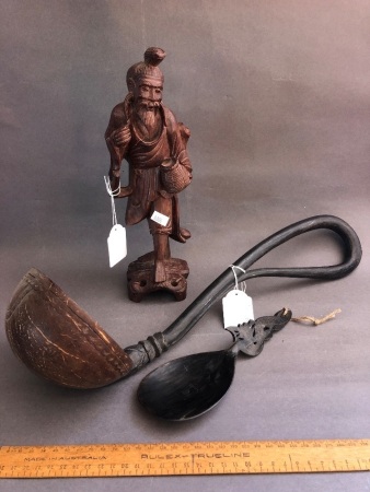 Vintage Hand Carved Tortoiseshell Spoon + Hand Carved Timber and Coconut Shell Ladle + Carved Rosewood Chinese Figure