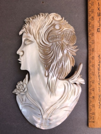 Large Vintage Hand Carved Oyster Shell Cameo with 3 Blister Pearls Visible on Reverse