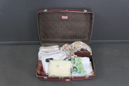 Large Suitcase Lot of Linen, Tea Towels, Material etc