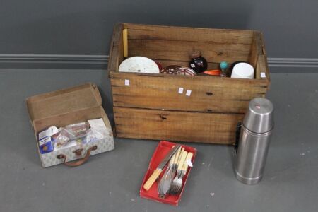 Vintage Timber Crate Lot of Retro Kitchenalia inc. Flasks, Kettle etc + Box of Sporting Pins Mainly Unused