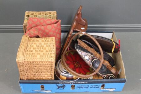 Large Interesting Lot of Carved Jewellery Boxes and Masks + Pokerwork, Baskets, Brushes, Mirror Etc