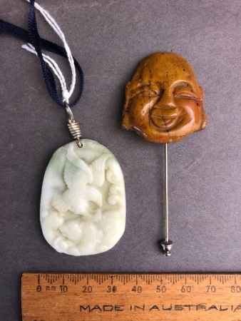 Carved Jade Eagle and Bear Pendant + Carved and Polished Jasper Buddha Head Pin