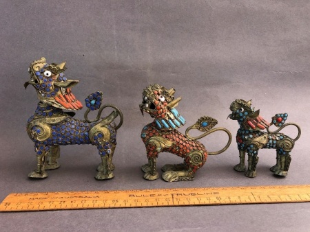 Group of 3 Vintage Tibetan Brass Foo Dog Perfume / Incense Bottles with Turquoise and Coral Inlay