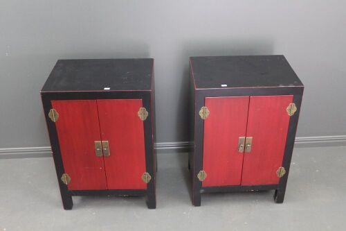 Pair of Red and Black Lacquered 2 Door Bedside Cabinets