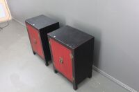 Pair of Red and Black Lacquered 2 Door Bedside Cabinets - 2