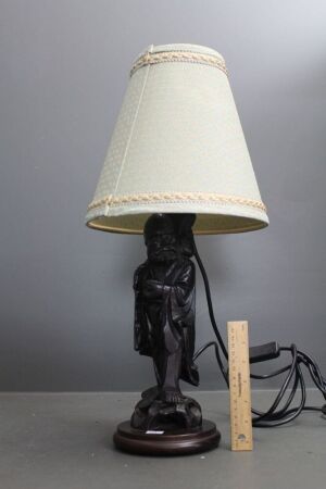 Vintage Chinese Carved Rosewood Figural Table Lamp with Silk Shade