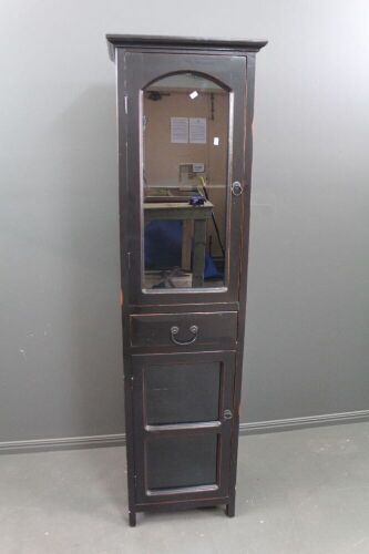 Tall Narrow Chinese Black Laquered Display Cabinet with 2 Glazed Drawers and Single Drawer