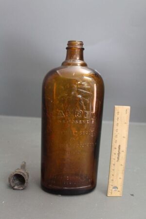 Vintage 1940's Laurel Kerosene 1 Quart Amber Bottle with Embossed Writing and Flying Horse