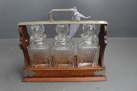 Antique Oak 3 Decanter Lockable Tantalus with Key - As Is - 4