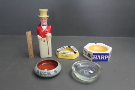 4 x Vintage Ashtrays inc. Beck's and Harp Lager, Gordons Gin and Wynvale Wine + Johnnie Walker Figural Bottle (with original stopper)