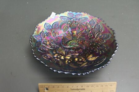 Vintage Amethyst Carnival Glass Bowl, Peacock Design with Thistles Under Side