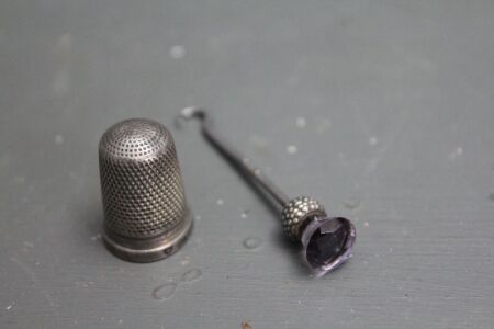 Antique Sterling Silver Thimble and Needlework Hook in the form of a Thistle - Both Hallmarked 1911 Chester