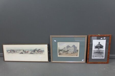 Antique Framed Litho of Parliament House Brisabane + Framed Photo of Pile Light Moreton Bay