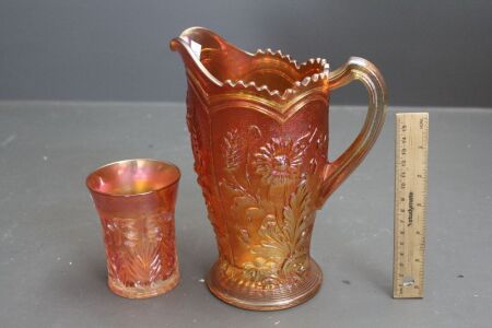 Large Vintage Marigold Carnival Glass Jug + Tumbler