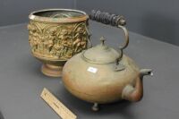 Vintage Pressed Brass Planter + Antique Brass Kettle - 2