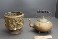 Vintage Pressed Brass Planter + Antique Brass Kettle - 4