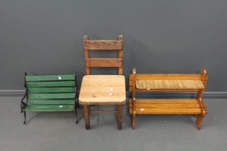 Mini Iron and Timber Bench, Childs Timber Chair + Mini Timber Bench Shelf