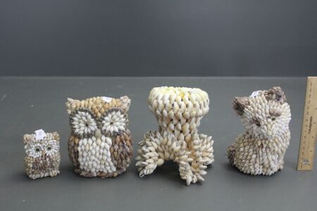 3 x Retro Shell Figures inc. 2 Owls, Cat + Stand